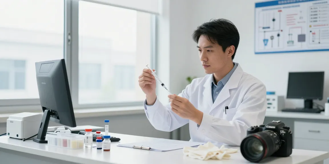 Healthcare professional examining BD syringes Canada in a modern lab with medical supplies.