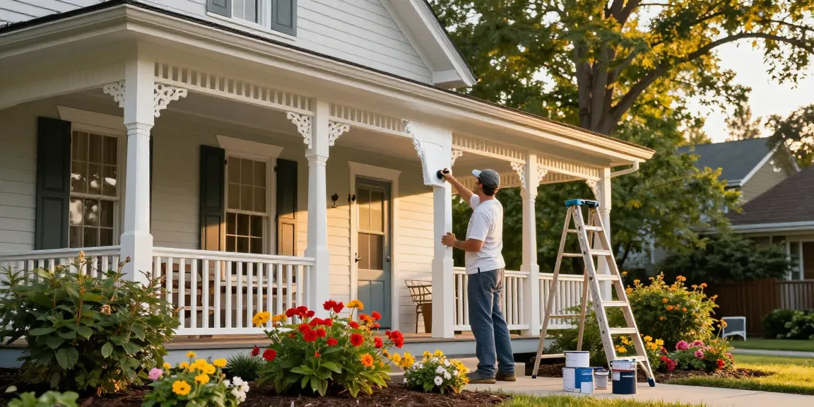Residential painting company Nashville team revitalizing home exterior with eco-friendly paint during sunset.