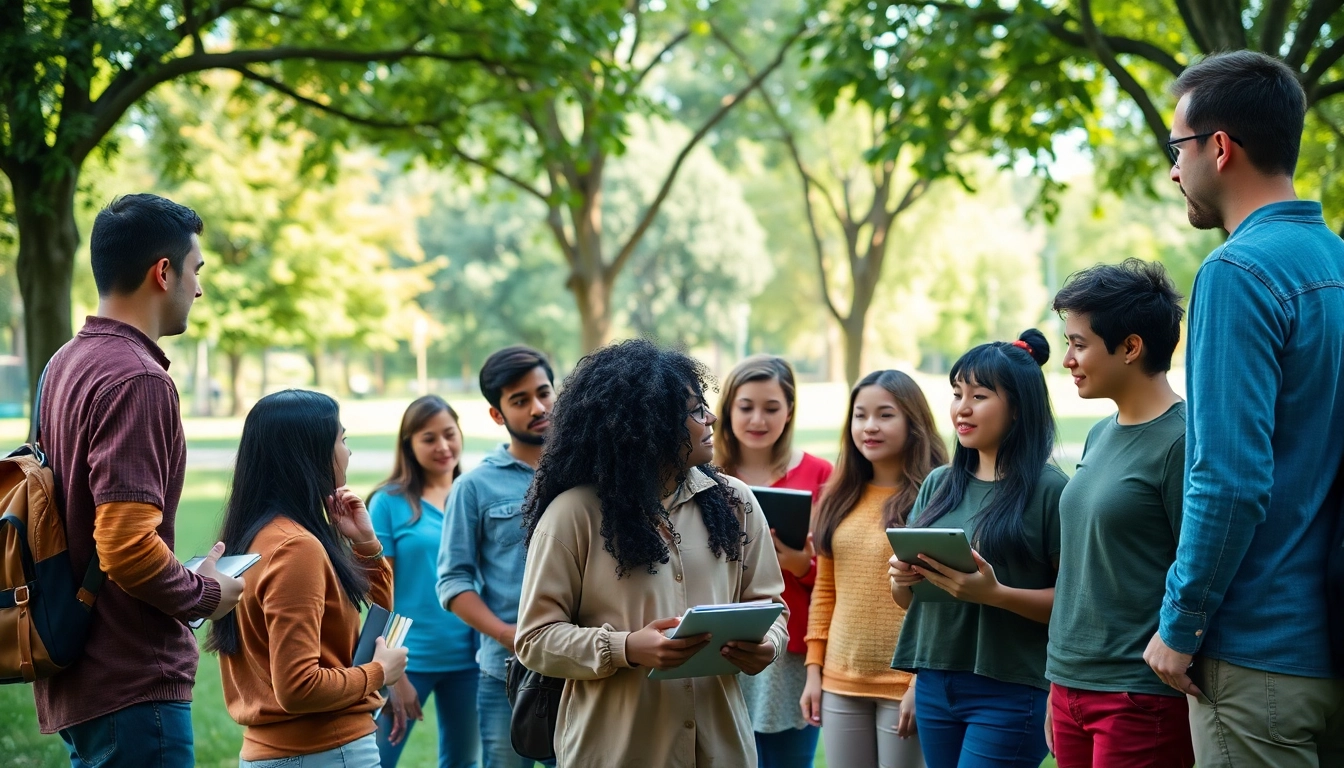 Youth leadership program participants collaborating outdoors in a vibrant setting.