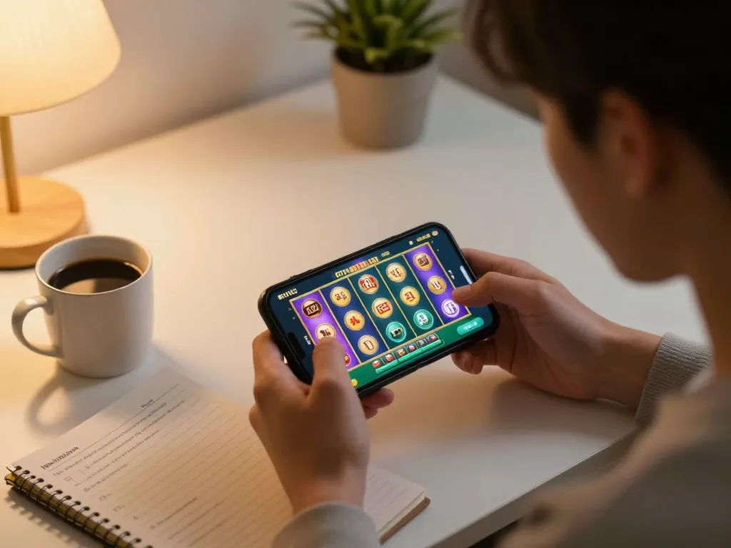 Engaged player navigates toto slot game interface on mobile in cozy gaming setup.