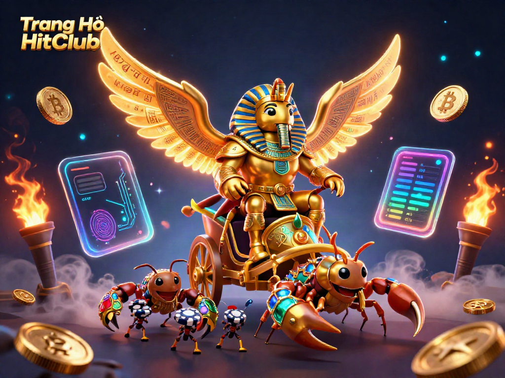 Engage with the exciting world of Trang Chủ HitClub's vibrant 3D casino adventure featuring golden beetles and crypto elements.