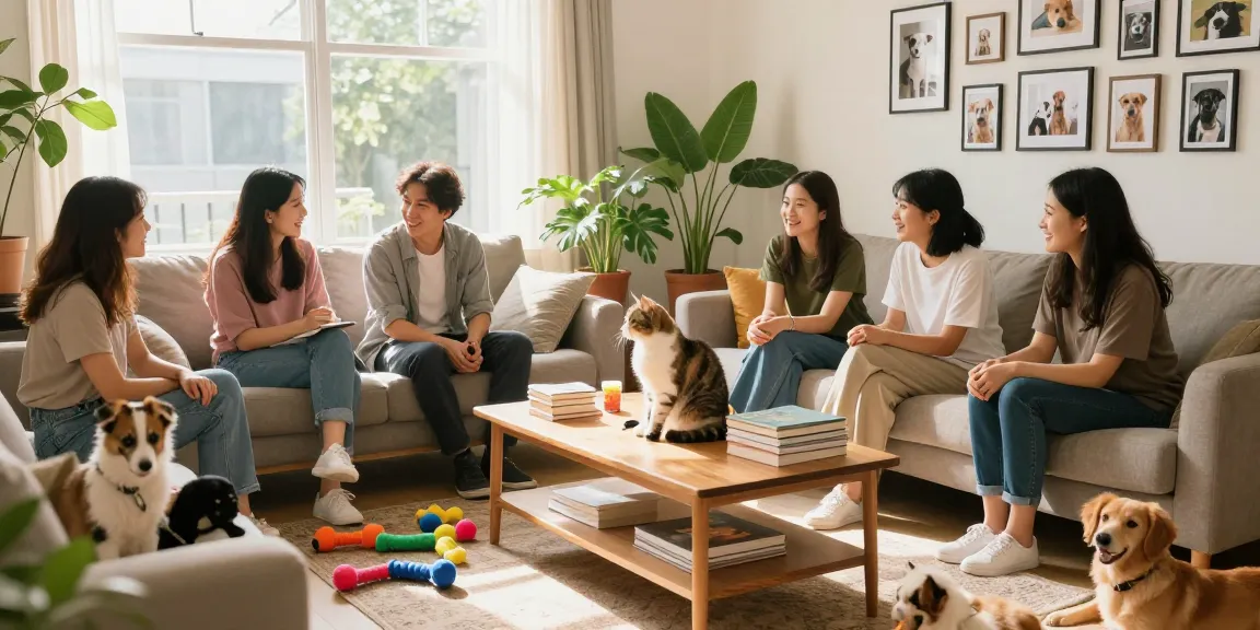 ROKOK88 community of pet lovers sharing stories and tips in a cozy living room.