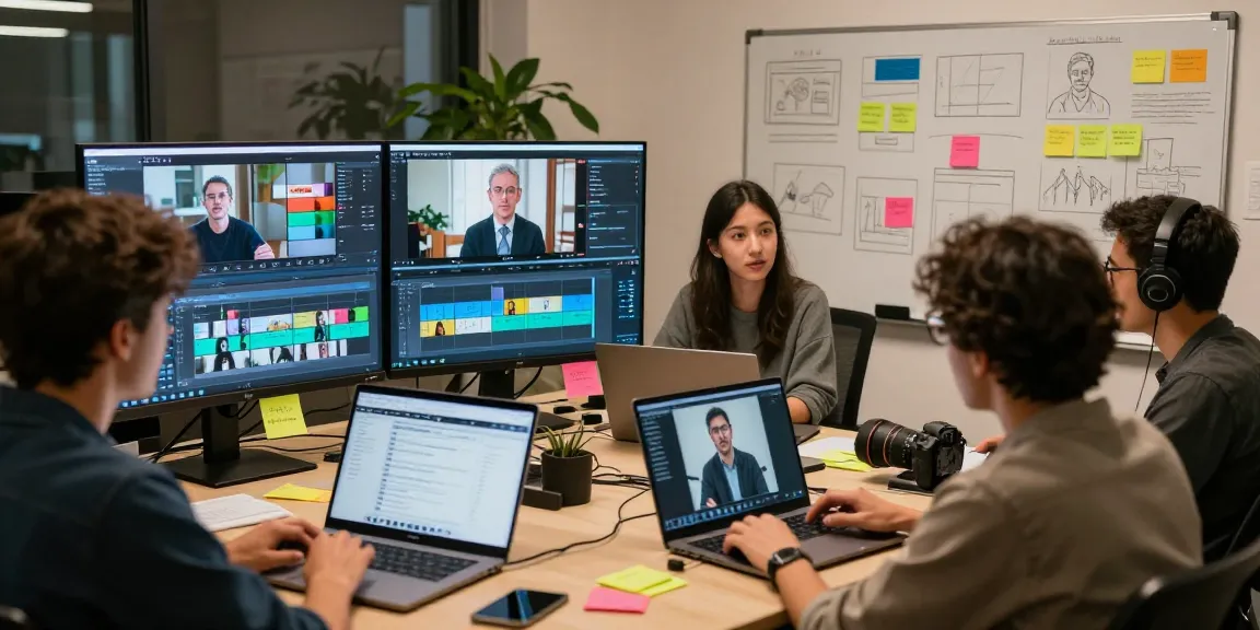 Creative team drafting ai video prompts in modern workspace with multiple screens.