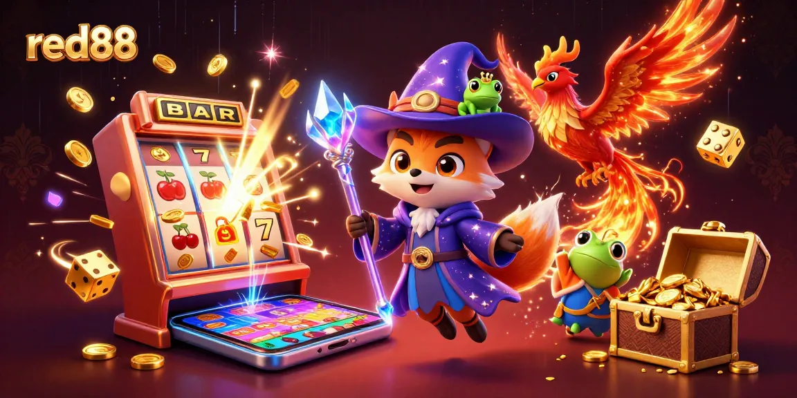 Experience the excitement of red88's casino games with a vibrant 3D illustration showcasing magical characters.