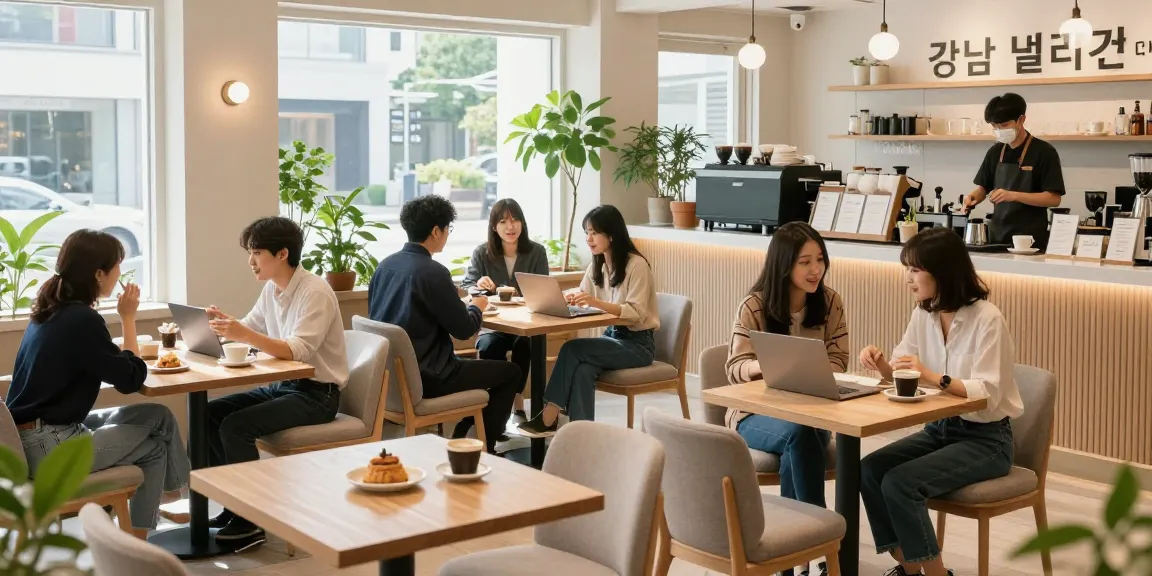 강남쩜오 멀리건에서 편안한 분위기의 커피를 즐기는 모습