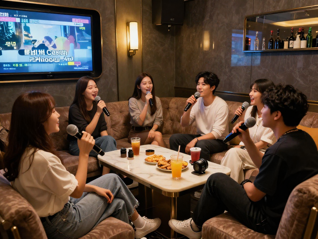강남 엘리트 가라오케에서 친구들과 함께 노래를 부르는 아늑한 분위기
