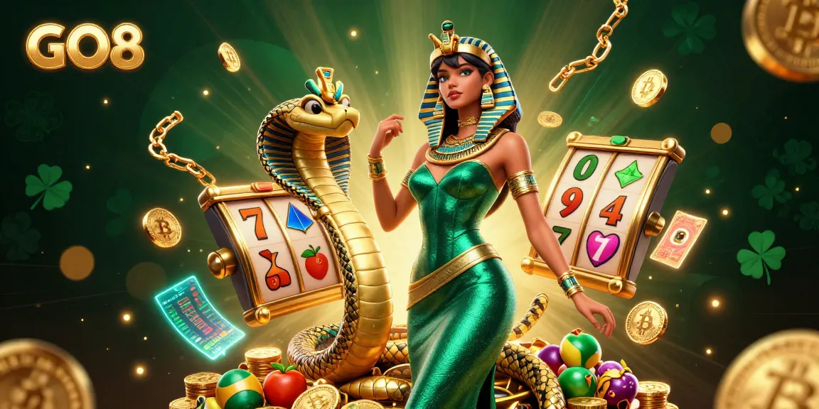 Engage in GO8 casino adventures with a captivating woman, golden cobra, and vibrant slot elements.