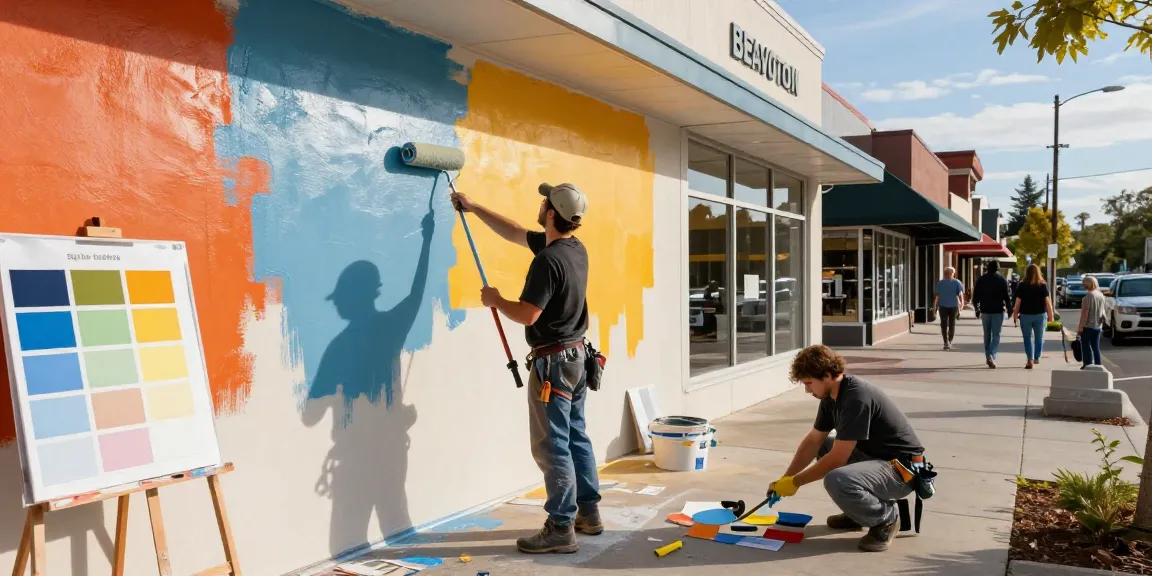Commercial painting services Beaverton OR team painting vibrant retail building exterior with color swatches and tools.