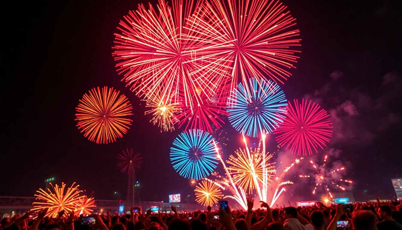 Explore stunning wholesale fireworks lighting up a lively night sky during a celebration.
