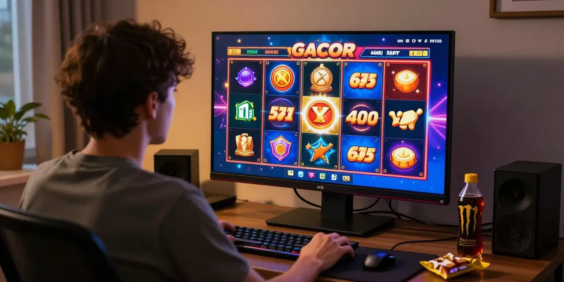 Engaging player enjoying a slot gacor game in a vibrant online casino setup