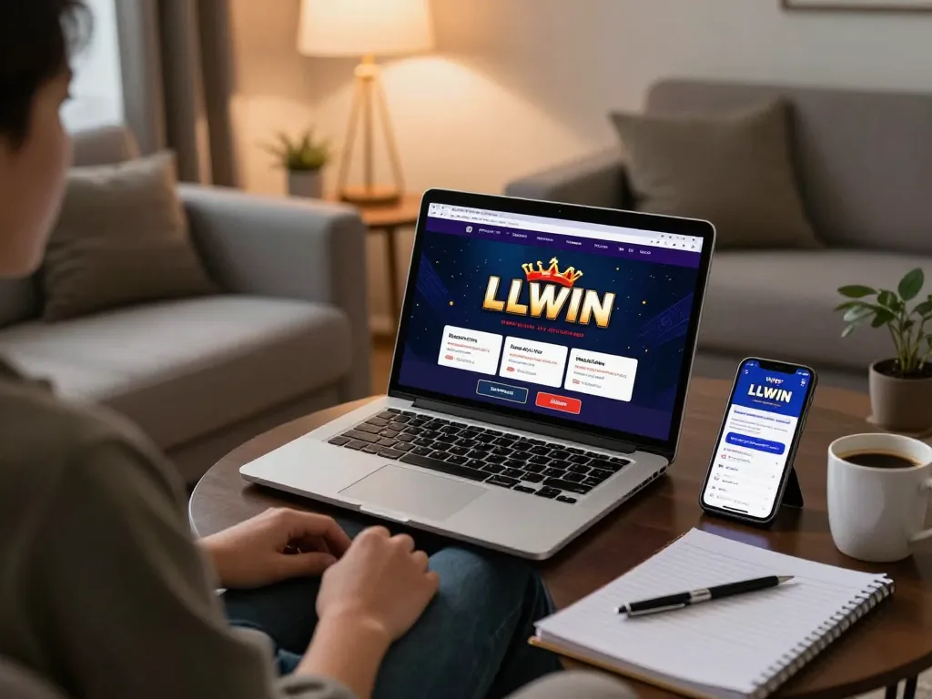 Player engaging with LLWIN online casino interface on laptop, promoting strategic gambling.