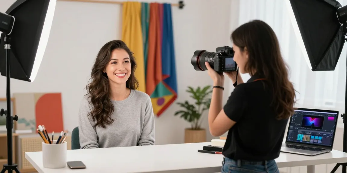 Ritratto Fotografico in studio con fotografo e soggetto sorridente.