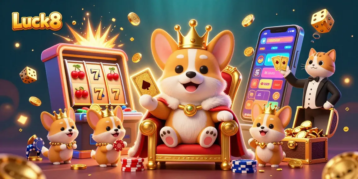 Experience epic wins with Luck8 as a royal corgi presides over a jackpot explosion in a vibrant casino