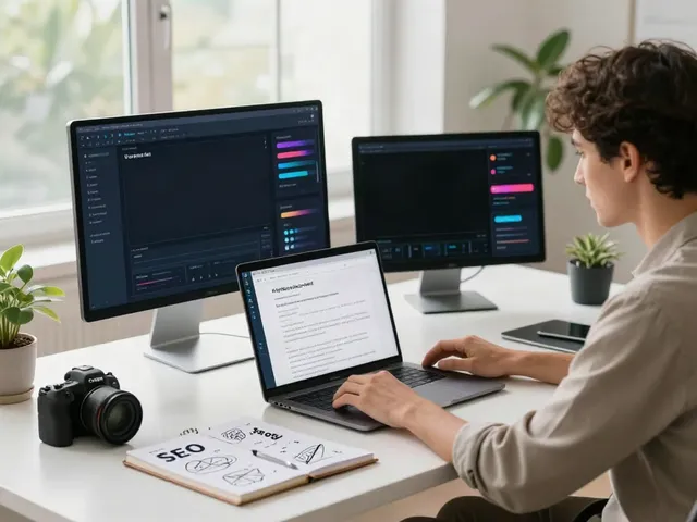 Scene showcasing a marketing professional using AI tools for website SEO copy in a bright workspace with technology and greenery.