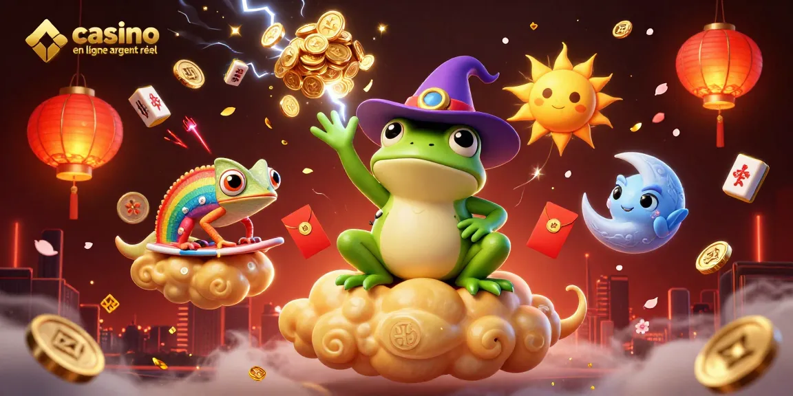 Casino en ligne argent réel, une scène dynamique avec un sorcier grenouille créant une tempête de pièces d'or.
