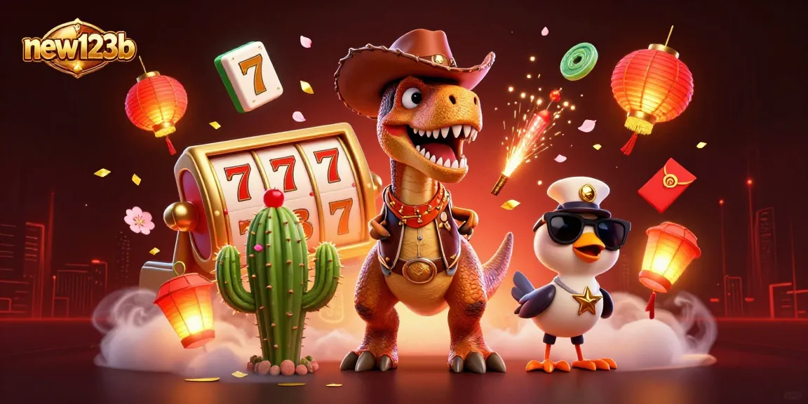 Experience thrilling wins at new123b with dynamic slot reels and lively characters in a vibrant casino setting.