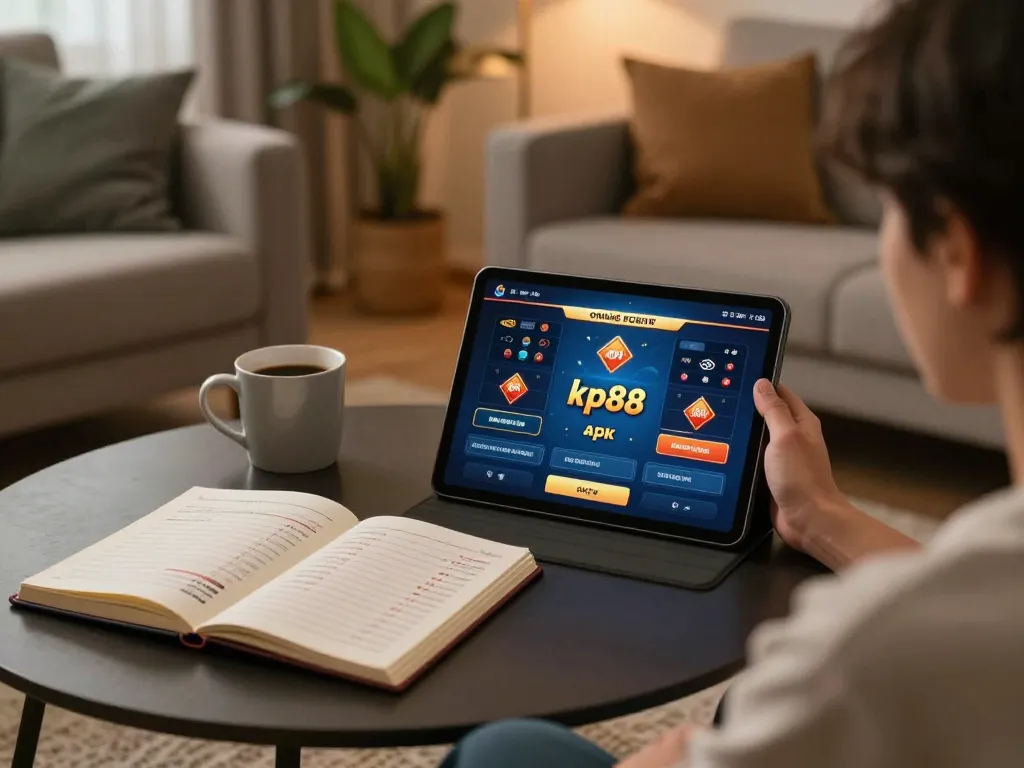 Engaging moment of using the kp88 apk for online gaming, showcasing a cozy home setup with a tablet, notebook, and casual atmosphere.