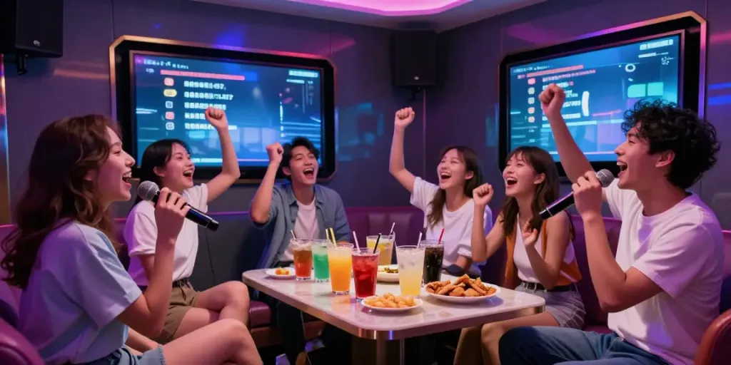 강남도파민에서 즐거운 시간을 보내는 친구들, 화려한 조명과 음료가 있는 룸