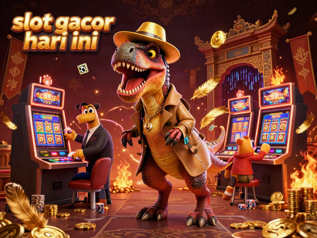 Experience thrilling excitement with a slot gacor hari ini scene featuring a velociraptor card counter amidst energetic gambling action.