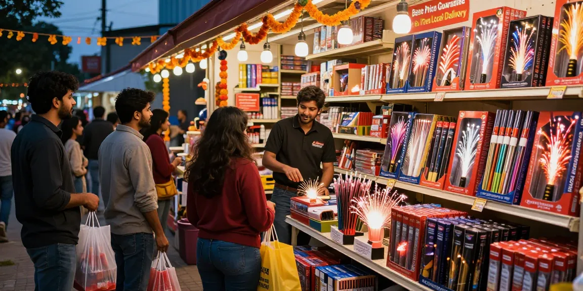 Exciting display of wholesale fireworks at a vibrant outdoor fireworks shop, showcasing best price guarantee and festive atmosphere.