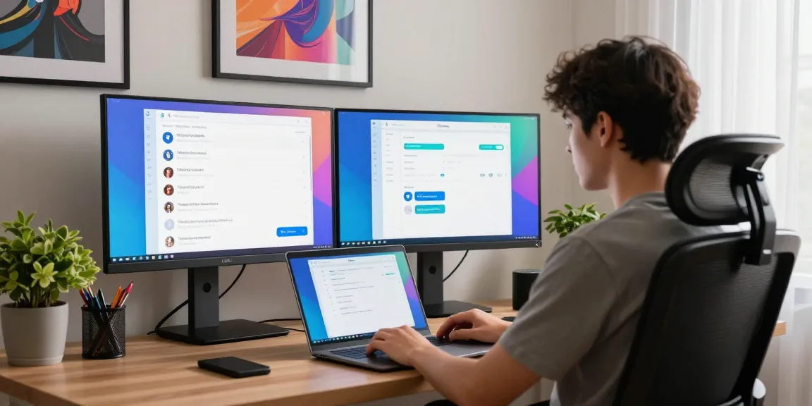 Engaged user navigating telegramin-cn.com on dual monitors in a vibrant home office.