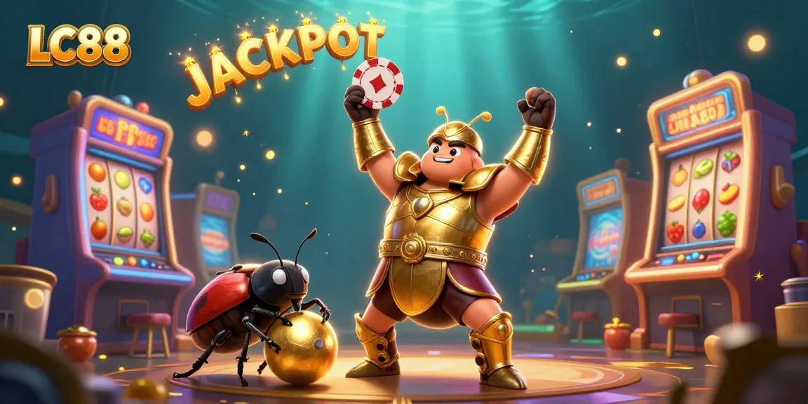 LC88 jackpot scene with cartoon bugs celebrating amidst colorful slot machines and golden coins.
