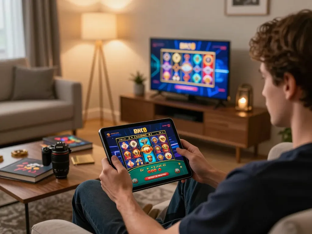 Player engaging with BK8's online casino app in a cozy home environment.