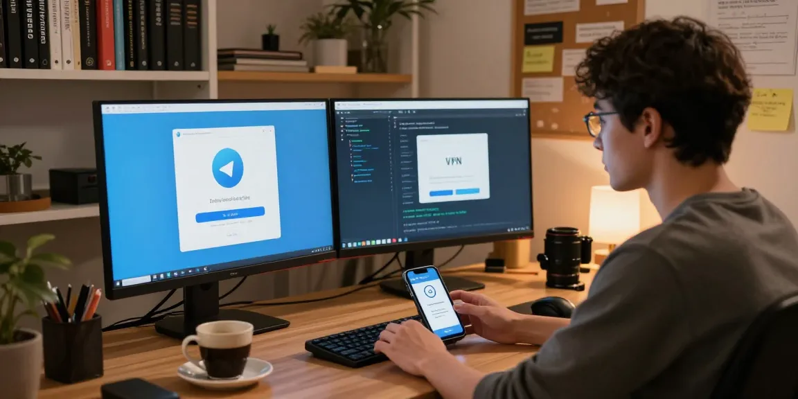 Person logging into Telegram using a VPN in a home office, demonstrating the telegram china login guide.