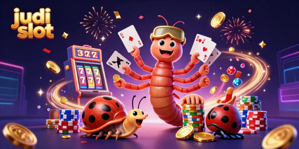 Menangkan judi slot dengan ilustrasi dealer kartun 3D yang dikelilingi koin dan chip.