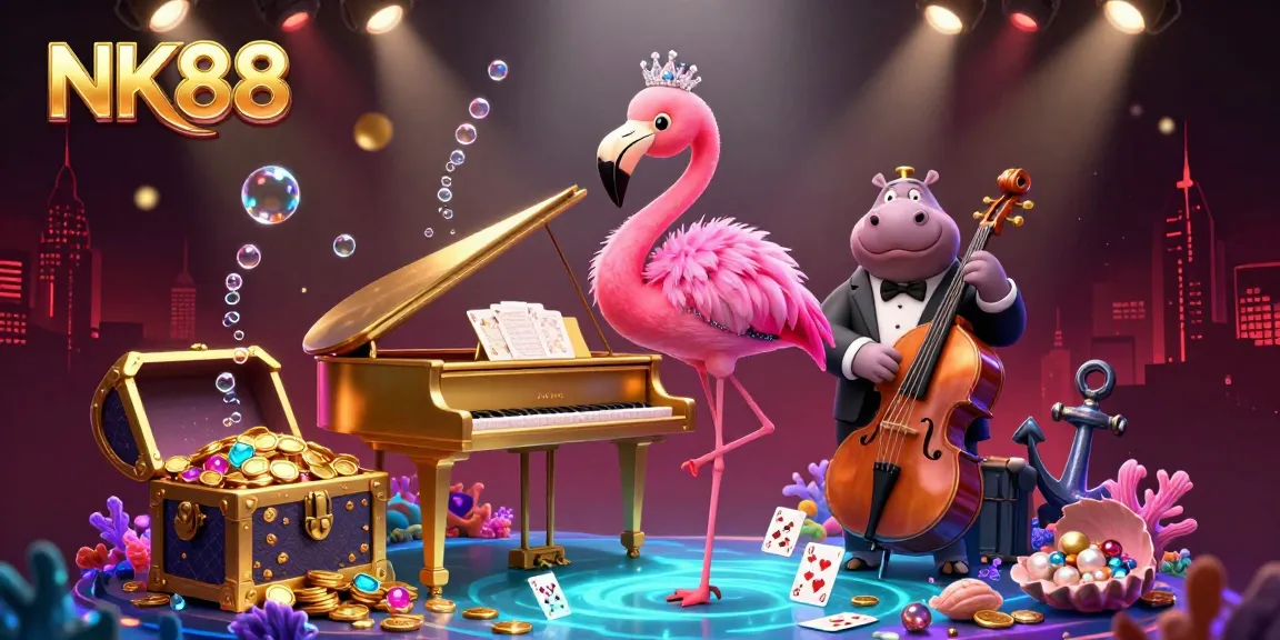 Experience exciting moments at NK88 with a vibrant casino scene featuring a flamingo singer and stylish hippo bassist.