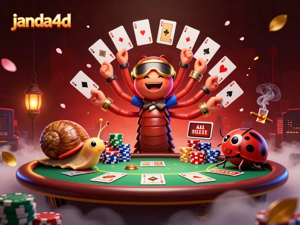 Dealer janda4d menunjukkan kartu sambil pemain memasang taruhan dengan chip besar.