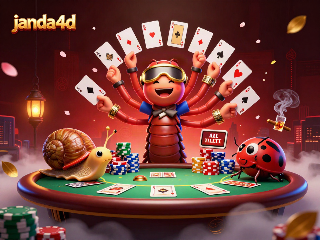 Dealer janda4d menunjukkan kartu sambil pemain memasang taruhan dengan chip besar.