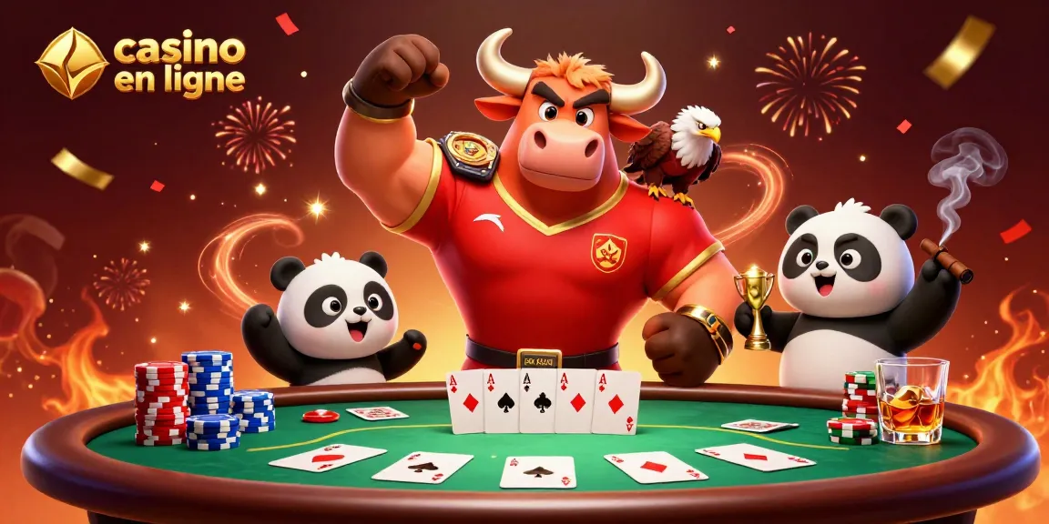 Casino en ligne: victoire symbolisée par un taureau triomphant et un panda, entourés d'éléments de poker.