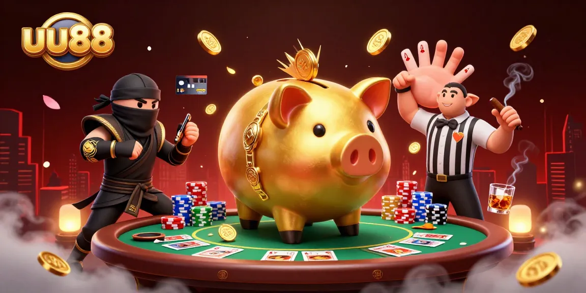 uu88's golden piggy bank sumo wrestler shakes gold coins in an exhilarating casino scene filled with poker elements.