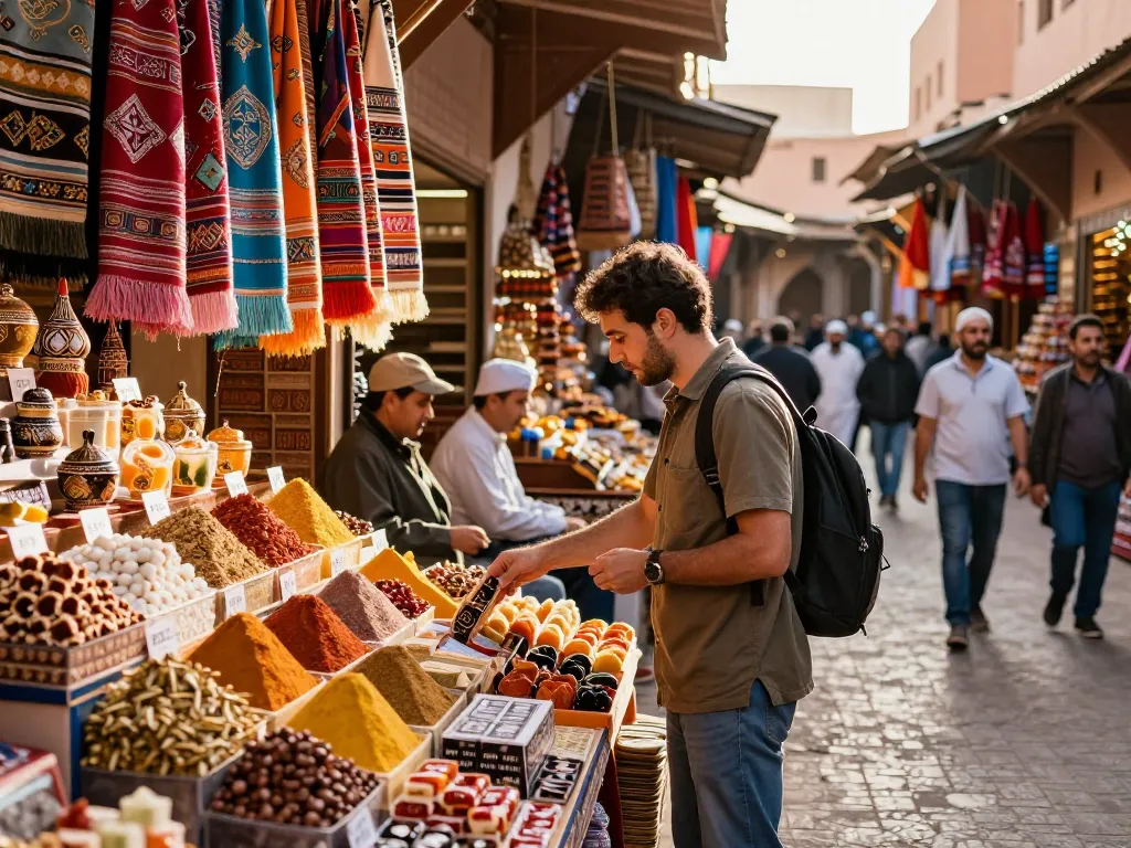 Engaging scene of a traveler at a Marrakech market showcasing the services of a Morocco travel agency.