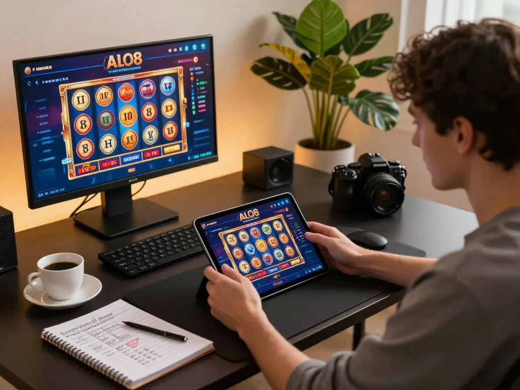 Person engaging with the ALO8 casino app on a tablet, illustrating strategic online gaming.