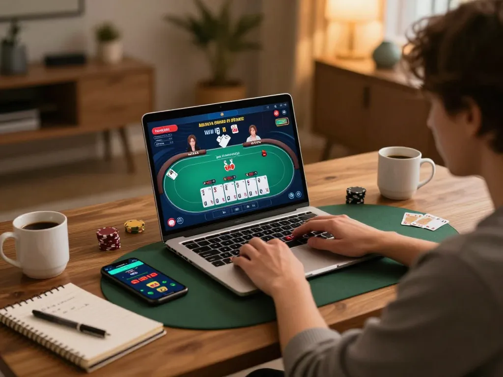 Sunwin player engaged in online poker game at stylish desk during cozy home gaming session.