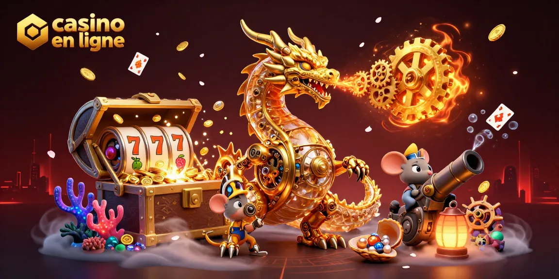 Jouez au casino en ligne avec des machines à sous et un dragon mécanique doré captivant.