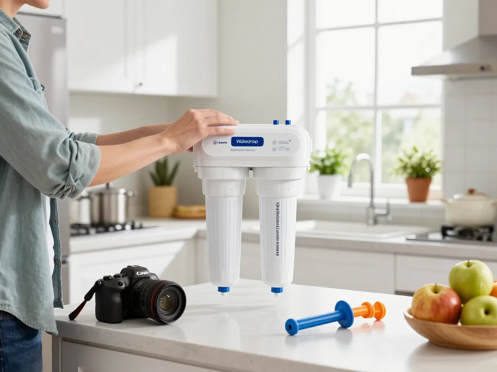 Waterdrop BORPLFTR50 Replacement for Bosch® Ultra Clarity® Pro 11032531 being installed in a bright kitchen, emphasizing home maintenance.