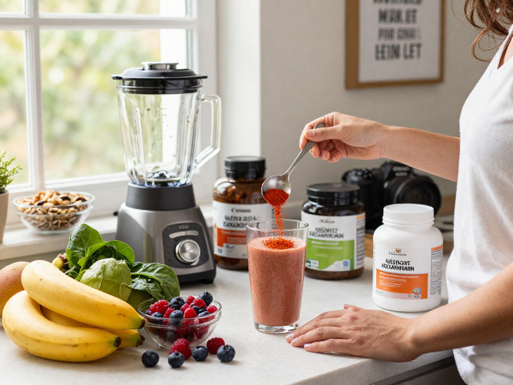 Vibrant kitchen scene with premium astaxanthin smoothie preparation highlighting health and wellness