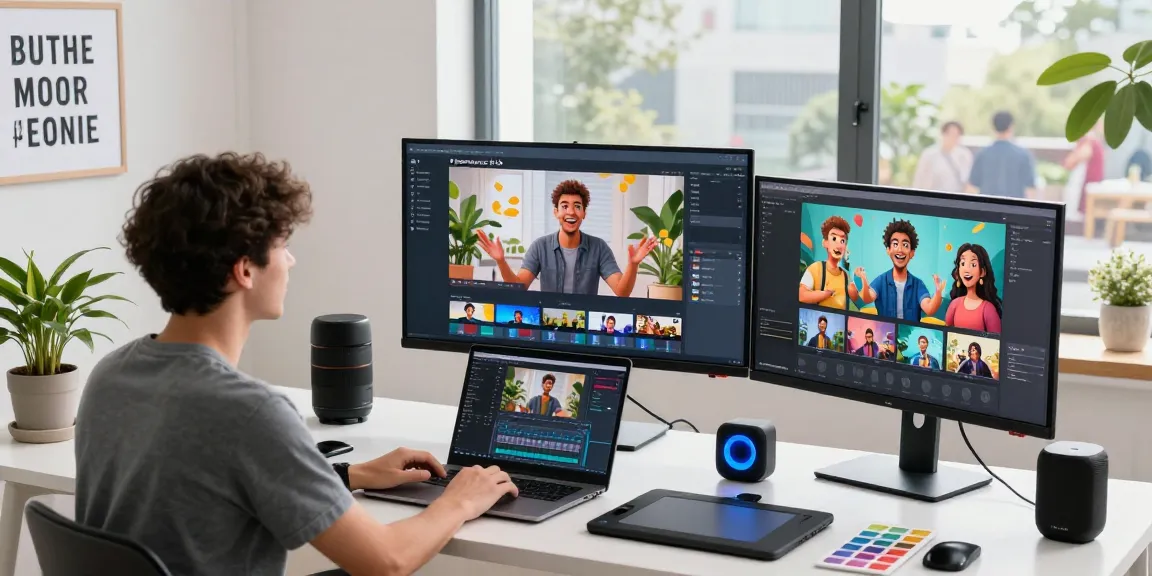 Excited creator using ai seedance 2.0 in a bright studio with screens showing animated video projects.