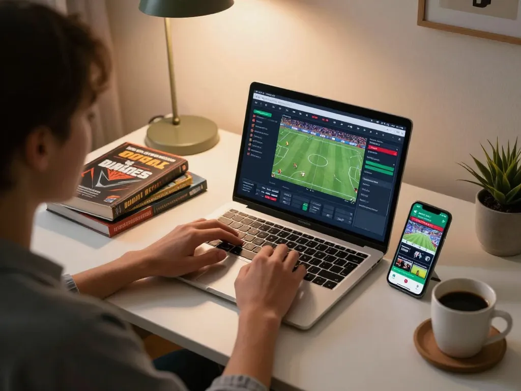 Siti non AAMS scommesse live su eventi sportivi mostrati su laptop e telefono in un accogliente ufficio domestico