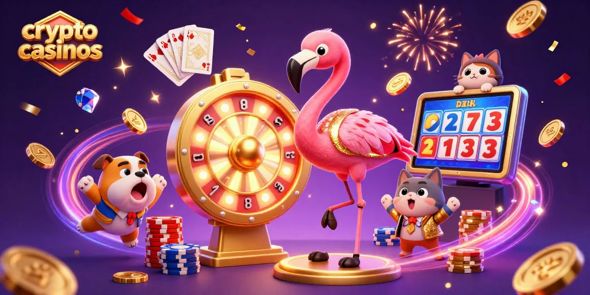 Découvrez les crypto casinos avec un flamant rose animateur et un bulldog heureux au centre, entourés de jetons colorés et de feux d'artifice.