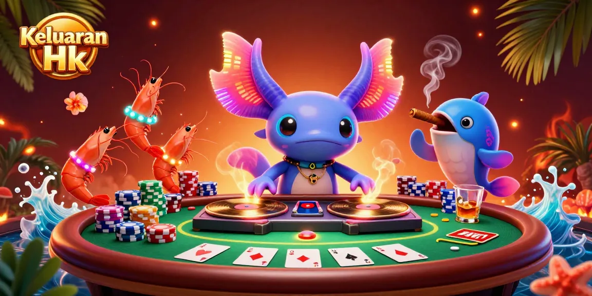 Keluaran Hk showcases a vibrant underwater casino scene with a lively axolotl DJ spinning records.