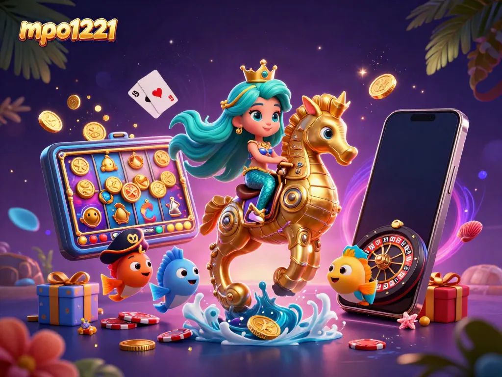 Engage in thrilling online slots with mpo1221 as a mermaid princess rides a giant seahorse.