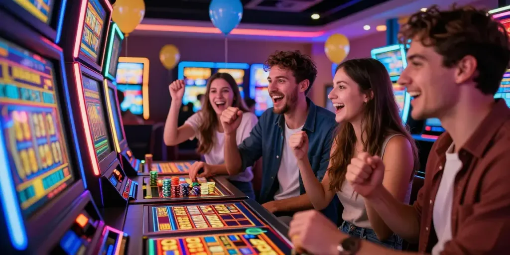 Slot777 mesin slot gacor dengan pemain merayakan kemenangan, suasana kasino yang meriah.