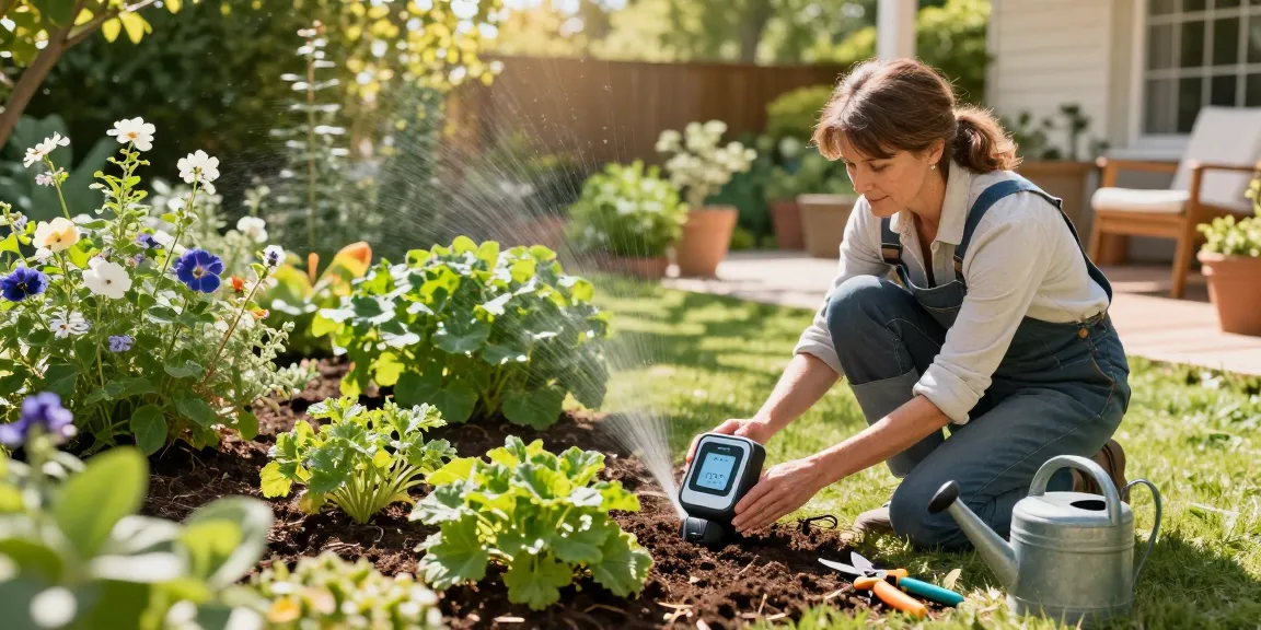 Gardener using a rainpoint smart sprinkler controller to monitor soil moisture in a vibrant garden.