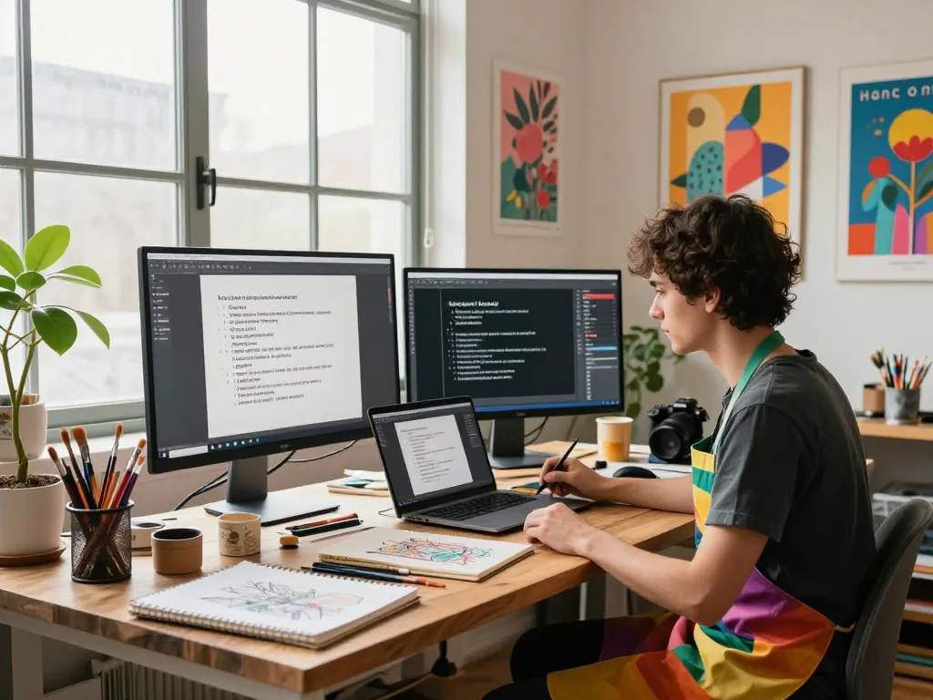 Artist using an image to prompt tool in a vibrant studio, converting visuals into text prompts.