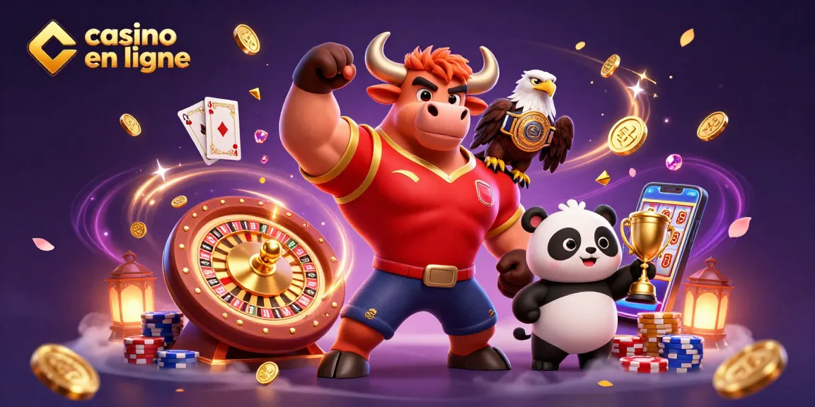Casino en ligne avec un mascotte de taureau et un panda gagnant, entourés de gains étincelants.
