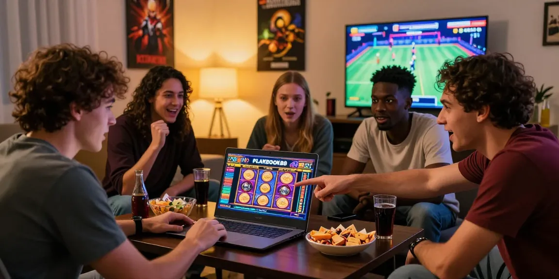 Friends exploring playbook88 link for high RTP slot games on a laptop.